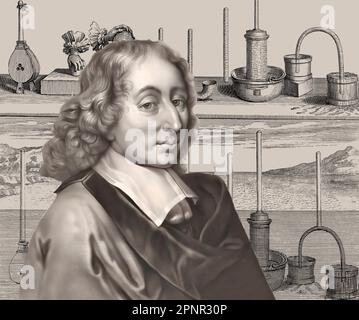 Ritratto di Blaise Pascal con una pagina di Traitez de l'equilibre des liqueurs, et de la pesanteur de la masse de l'air, 1663 Foto Stock