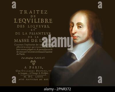 Ritratto di Blaise Pascal con una pagina di Traitez de l'equilibre des liqueurs, et de la pesanteur de la masse de l'air, 1663 Foto Stock