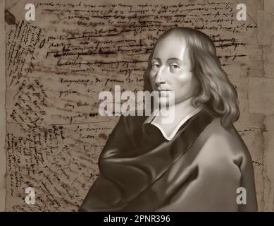 Ritratto di Blaise Pascal con il suo manoscritto manoscritto, Pensées de Pascal, pensieri sulla religione, 1670 Foto Stock