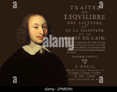 Ritratto di Blaise Pascal con una pagina di Traitez de l'equilibre des liqueurs, et de la pesanteur de la masse de l'air, 1663 Foto Stock