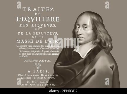 Ritratto di Blaise Pascal con una pagina di Traitez de l'equilibre des liqueurs, et de la pesanteur de la masse de l'air, 1663 Foto Stock