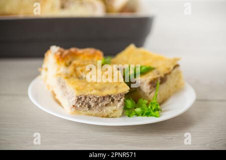 Torta di carne cotta, pezzi in un piatto su un tavolo di legno. Foto Stock