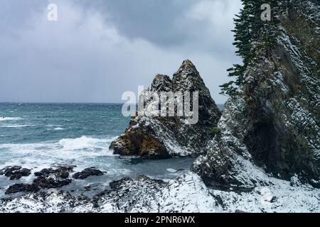 Il mare roccioso del Giappone costa in inverno nella prefettura di Aomori, visto da un treno sulla linea Gono. Foto Stock