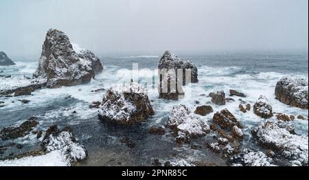 Il mare roccioso del Giappone costa in inverno nella prefettura di Aomori, visto da un treno sulla linea Gono. Foto Stock