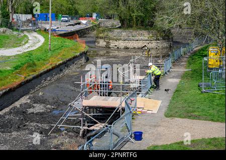 Lavori in corso nel bacino di Trevor sul canale di Llangollen, parte di un investimento di 15m milioni di sterline negli impianti offerti nel bacino. Foto Stock