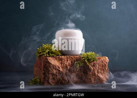 Concetto cosmetico organico naturale. Vaso cosmetico bianco sulla pietra con muschio. Simulazione del prodotto. Foto Stock