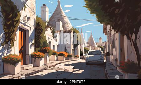 Illustrazione di una bella vista di Alberobello, Italia Foto Stock