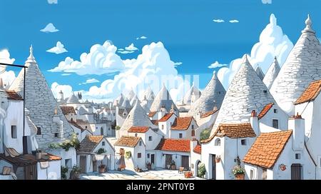 Illustrazione di una bella vista di Alberobello, Italia Foto Stock