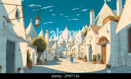 Illustrazione di una bella vista di Alberobello, Italia Foto Stock