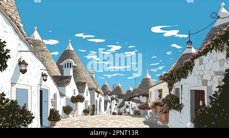 Illustrazione di una bella vista di Alberobello, Italia Foto Stock