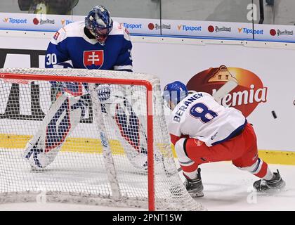 Ostrava, Repubblica Ceca. 20th Apr, 2023. Il portiere L-R Matej Tomek (SVK) e Ondrej Beranek (CZE) in azione durante la partita Euro Hockey Challenge: Czechia vs Slovacchia, il 20 aprile 2023, a Ostrava, Repubblica Ceca. Credit: Jaroslav Ozana/CTK Photo/Alamy Live News Foto Stock