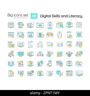 Competenze digitali e alfabetizzazione Set di icone a colori RGB Illustrazione Vettoriale