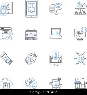 Raccolta di icone della linea di elaborazione robotica. Automazione, apprendimento automatico, robotica, algoritmi, intelligenza, Precisione, produzione vettoriale e lineare Illustrazione Vettoriale