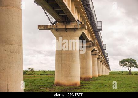 Vista panoramica della linea ferroviaria a scartamento standard che attraversa il Parco Nazionale di Nairobi, Kenya Foto Stock