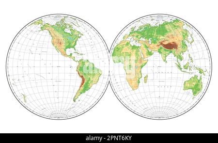 Mappa del mondo fisico altamente dettagliata in forma di globo della Terra. Proiezione globulare Nicolosi – piatta. Illustrazione Vettoriale