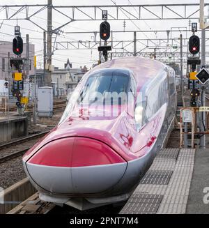 Un treno JR East E6 Series Shinkansen alla stazione di Omagari nella prefettura di Akita, Giappone. Foto Stock