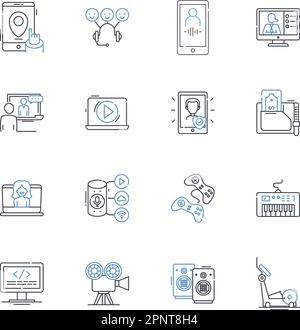 Collezione di icone della linea hardware e software. Ardware, processore, scheda madre, scheda grafica, RAM, SSD, vettore del disco rigido e illustrazione lineare Illustrazione Vettoriale