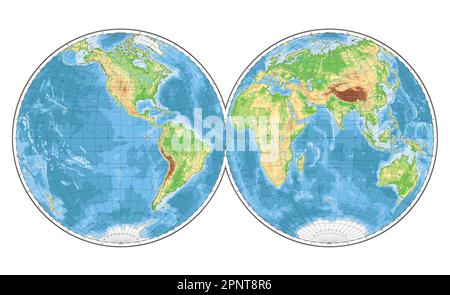 Mappa del mondo fisico altamente dettagliata in forma di globo della Terra. Proiezione globulare Nicolosi – piatta. Illustrazione Vettoriale