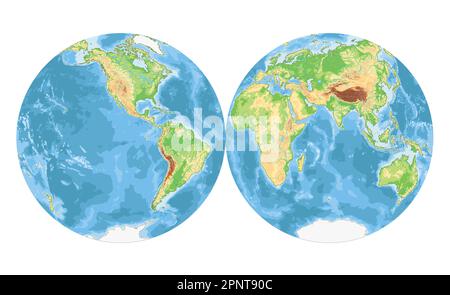 Mappa del mondo fisico altamente dettagliata in forma di globo della Terra. Proiezione globulare Nicolosi – piatta. Illustrazione Vettoriale