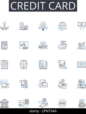 Collezione di icone della linea della carta di credito. Carta di debito, conto bancario, metodo di pagamento, MY plastica, linea di credito, Tasso di interesse, vettore di pagamento senza contanti e. Illustrazione Vettoriale