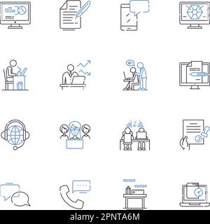 Raccolta di icone della riga del framework del processo. Metodologia, flusso di lavoro, modello, progettazione, struttura, Sistema, vettore strategico e illustrazione lineare. Piano Illustrazione Vettoriale