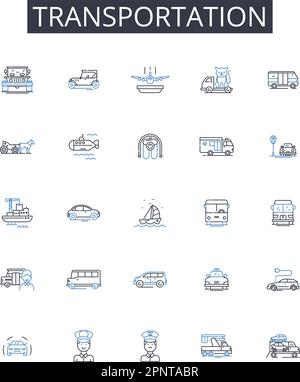 Collezione icone linea di trasporto. Spostamenti, transito, viaggio, trasporto, trasporto, Convoglio, vettore di Haulage e illustrazione lineare. Spedizione,trasporto Illustrazione Vettoriale