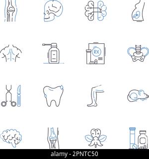 Collezione di icone della linea centrale dell'agopuntura. Agopuntura, aghi, guarigione, tradizionale, Qi, Illustrazione orientale, vettore di massaggio e lineare. Dolore Illustrazione Vettoriale