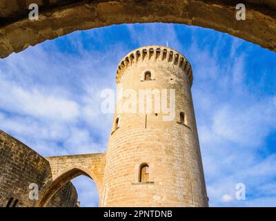 Donjon torre di Bellver Castello il Castillo de Bellver alto su una collina che domina Palma di Maiorca nelle Isole Baleari di Spagna Foto Stock