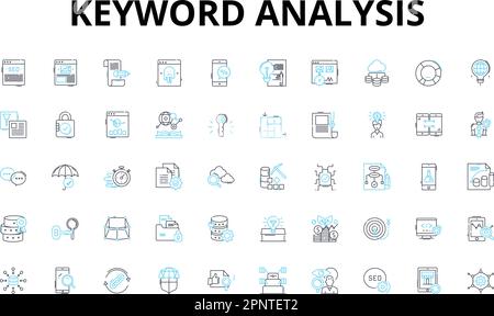 Set di icone lineari per l'analisi delle parole chiave. Metriche, Ricerca, strategia, Classifica, concorrenza, Ottimizzazione, simboli vettoriali dell'algoritmo e segni di concetto di linea Illustrazione Vettoriale