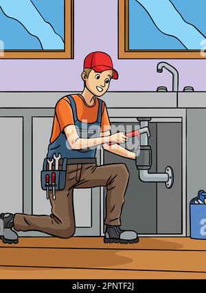 Idraulico uomo colorato Cartoon Illustrazione Illustrazione Vettoriale