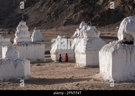 Le donne camminano tra i Cortens a Mane, Shey, Ladakh, India Foto Stock