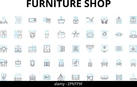 Set icone lineari per mobili. Divani, Sedie, Tavoli, Letti, Comò, Librerie, simboli vettoriali ottomani e segni di concetto di linea. Sedie reclinabili, scrivanie Illustrazione Vettoriale