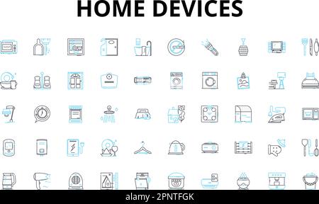 Set di icone lineari per dispositivi domestici. Intelligente, automazione, sicurezza, efficienza, connesso, Convenienza, simboli vettoriali a risparmio energetico e segnali di concetto di linea Illustrazione Vettoriale