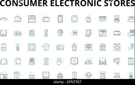 L'elettronica di consumo memorizza un set di icone lineari. Gadget, appliance, Smartphs, tablet, notebook, Telecamere, simboli vettoriali di Headphs e segnali di concetto di linea Illustrazione Vettoriale