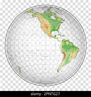 Mappa del mondo fisico altamente dettagliata in forma di globo della Terra. Proiezione globulare Nicolosi – 3D. Illustrazione Vettoriale