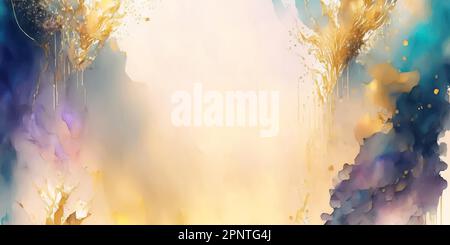 Lusso astratto sfondo fluido nella tecnica di inchiostro alcool. Miscela di colori viola, turchese, blu, giallo e oro. Sfondo dipinto d'arte con Illustrazione Vettoriale
