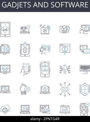 GADJETS e la collezione di icone della linea software. Dispositivi, Strumenti, appliance, programmi, applicazioni, Utilità, vettore piattaforme e illustrazione lineare Illustrazione Vettoriale