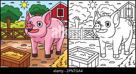 Pig coloring pagina Illustrazione colorata Illustrazione Vettoriale