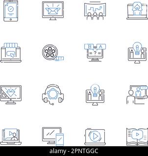 Raccolta di icone della linea dell'agenzia multimediale digitale. Strategia, Pubblicità, Branding, analisi dei dati, Marketing, Contenuto, vettore sociale e illustrazione lineare Illustrazione Vettoriale