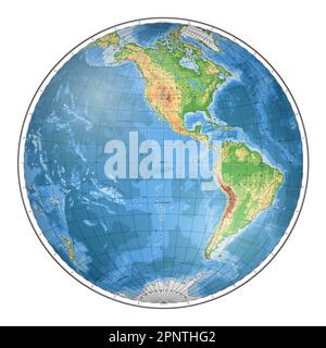 Mappa del mondo fisico altamente dettagliata in forma di globo della Terra. Proiezione globulare Nicolosi – 3D. Illustrazione Vettoriale