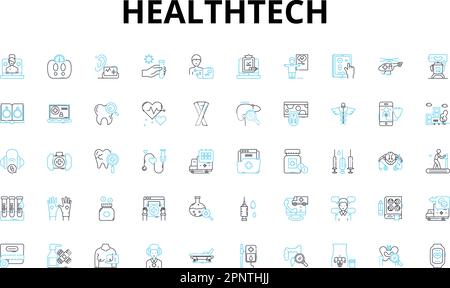 Set di icone lineari HealthTech. Telemedicine, indossabili, EHR, ai, realtà virtuale, Robotica, simboli vettoriali di nanotecnologia e segnali di concetto di linea Illustrazione Vettoriale