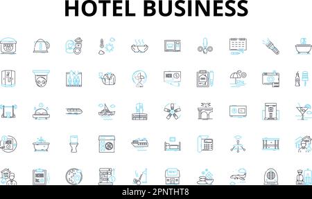 Hotel business linear icone set. Alloggio, ospitalità, Servizio, Comfort, Lusso, Viaggi, simboli vettoriali della stanza e segnali di concetto della linea. Prenotazione Illustrazione Vettoriale