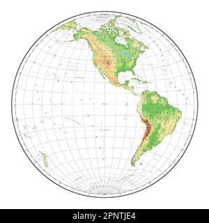 Mappa del mondo fisico altamente dettagliata in forma di globo della Terra. Proiezione globulare Nicolosi – piatta. Illustrazione Vettoriale