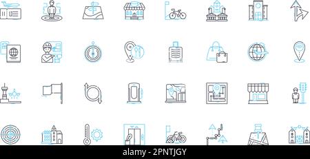 Set di icone lineari del modello della città. Pianificazione, infrastruttura, zoning, strade, traffico, Utenze, linee vettoriali residenziali e segnaletica concettuale. Commerciale Illustrazione Vettoriale