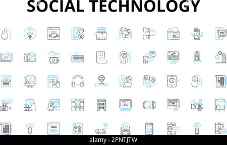 Set di icone lineari per la tecnologia sociale. Nerking, collaborativo, comunicazione, interazione, condivisione, Cybersicurezza, Accessibilità, simboli vettoriali e linee Illustrazione Vettoriale