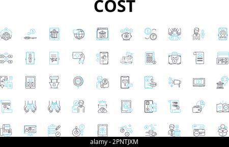 Set di icone lineari dei costi. Spese, bilancio, prezzo, valore, investimento, Worth, simboli vettoriali di account e simboli di concetto di linea. Spese, spese, costi Illustrazione Vettoriale