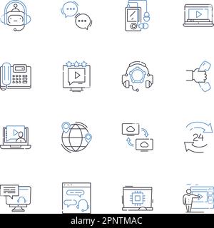 Raccolta di icone della linea di comunicazione satellitare. Orbitale, transponder, uplink, downlink, antenna, Irraggiamento, vettore di assetto e illustrazione lineare Illustrazione Vettoriale