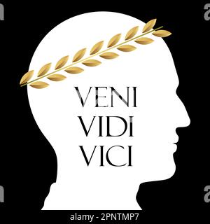 Vector silhouette ritratto di Cesare con corona d'alloro, e Veni, Vidi, frase Vici, isolato su sfondo nero. Illustrazione Vettoriale
