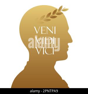 Ritratto vettoriale della silhouette dorata di Cesare con corona di alloro e frase Veni, vidi, Vici, isolato su sfondo bianco. Illustrazione Vettoriale