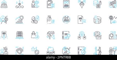 Strategia di profitto icone lineari set. Ottimizzazione, ricavi, crescita, efficienza, prestazioni, Scalabilità, vettore di linea di investimento e segnali concettuali Illustrazione Vettoriale